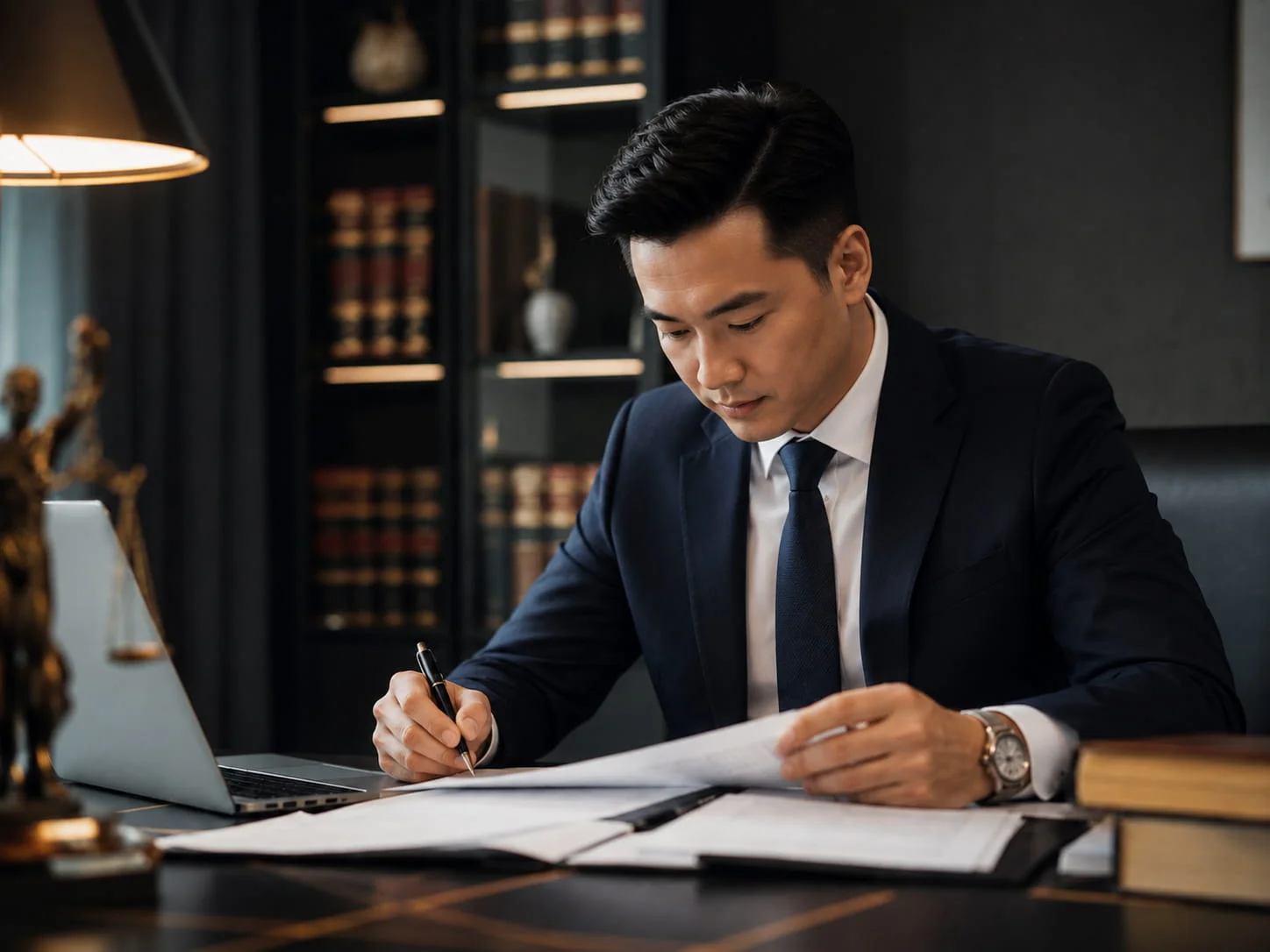 Lawyer working on legal documents at desk
