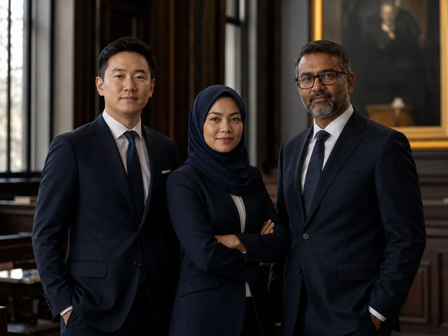 Team of lawyers standing in a professional legal office
