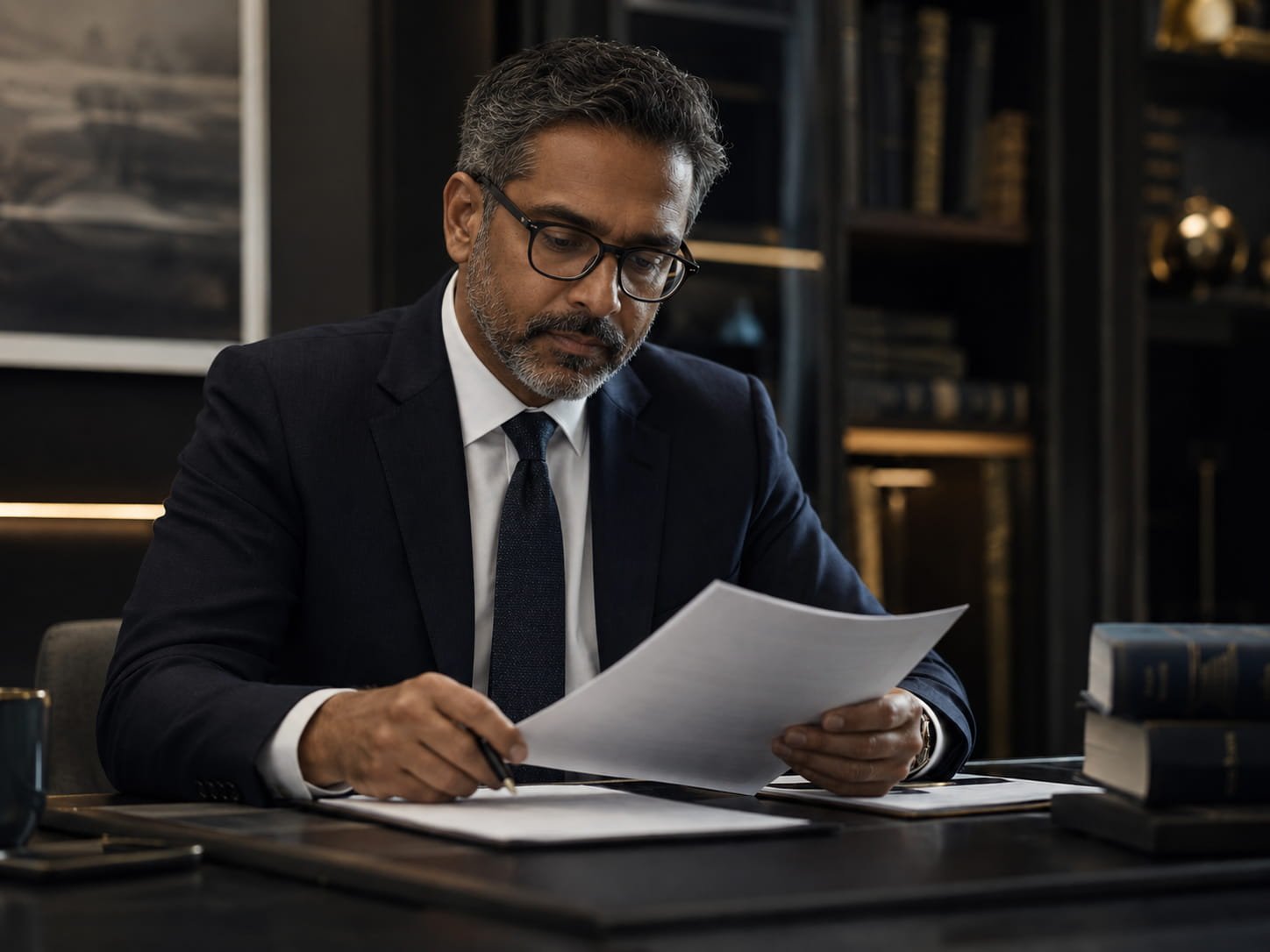 Lawyer reviewing contract documents at desk