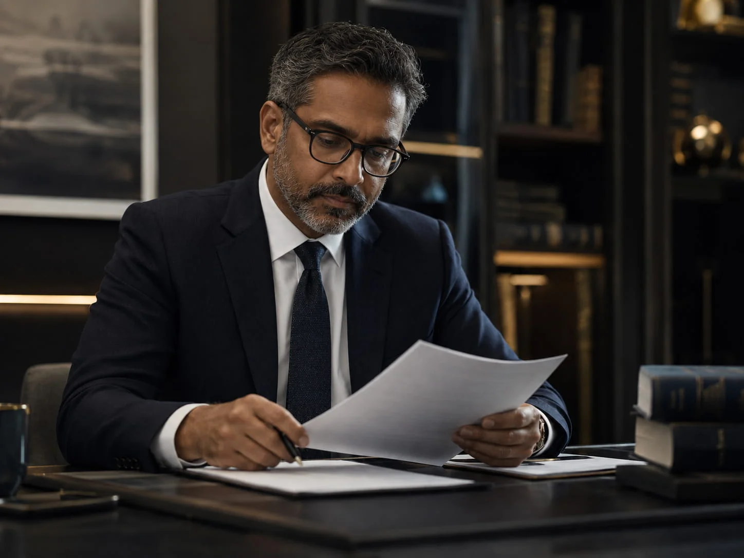 Lawyer reviewing contract documents at desk