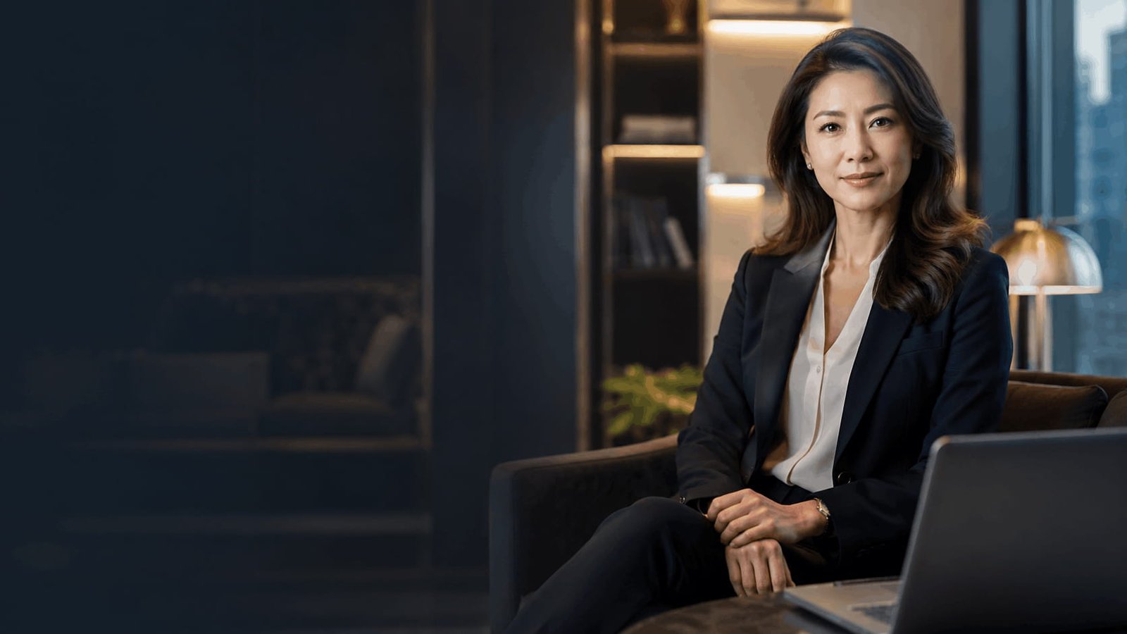 Professional female lawyer seated in a refined law office
