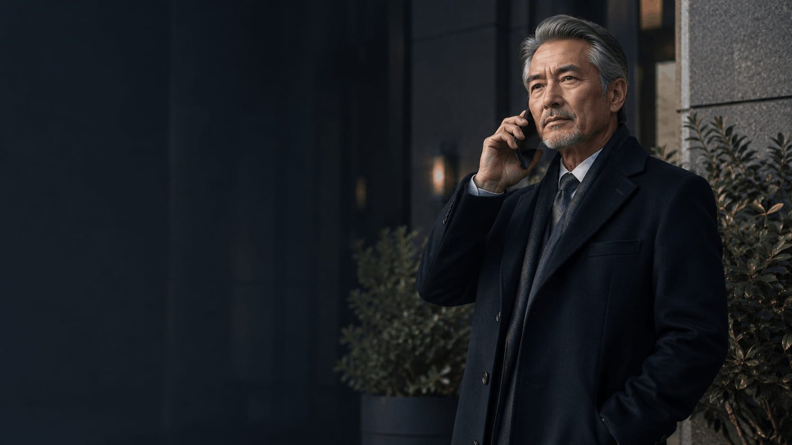 Senior lawyer speaking on the phone outside a professional building